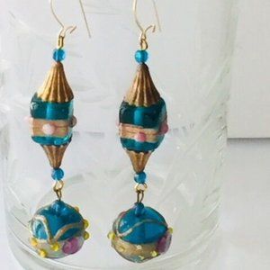 Murano Venetian Art Glass Drop Dangle Earrings Teal/ Gold/Pink made in I…
